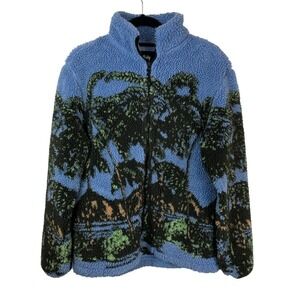 Stussy Hawaiian Jacquard Mock Neck Full Zip Fleece Sweatshirt Blue Size S